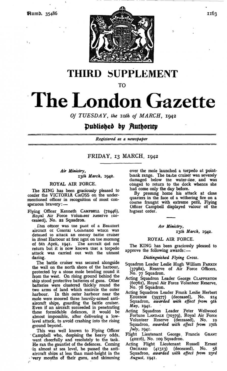The london gazette 10th 13th march 1942